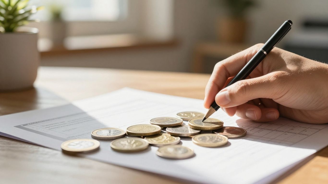 Person planning student loan repayment with coins and bills.