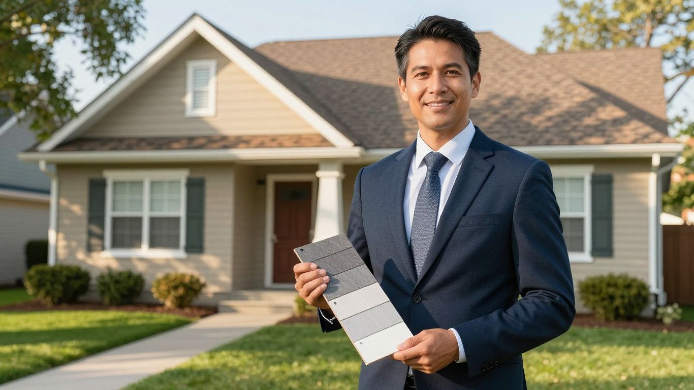 Salesperson discussing roofing with homeowner outside house.