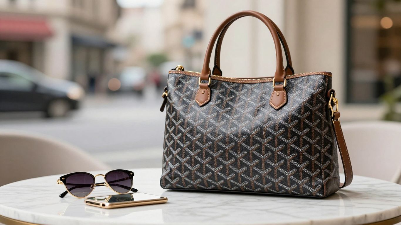 Goyard crossbody bag on chic marble table