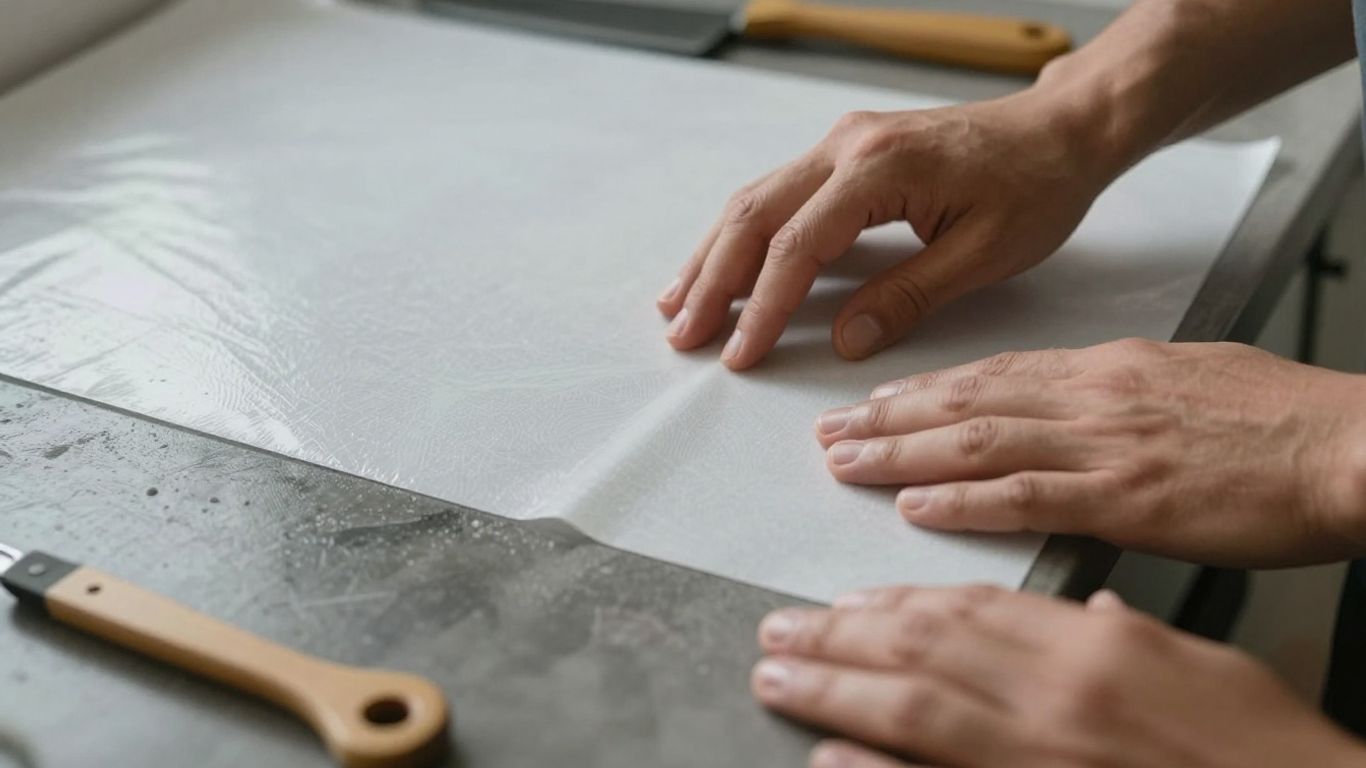 Installing vinyl on a kitchen worktop.