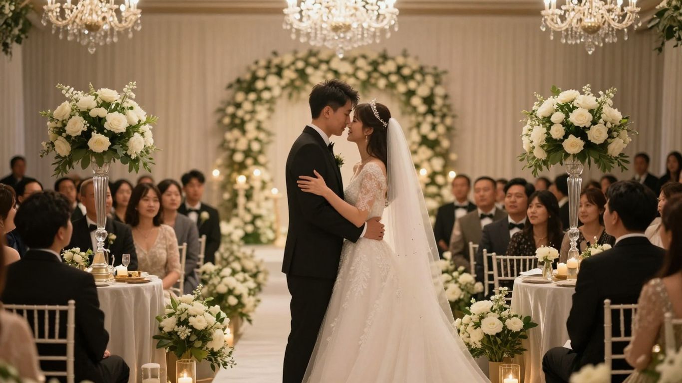 Intimate wedding venue with elegant decor and happy couple.