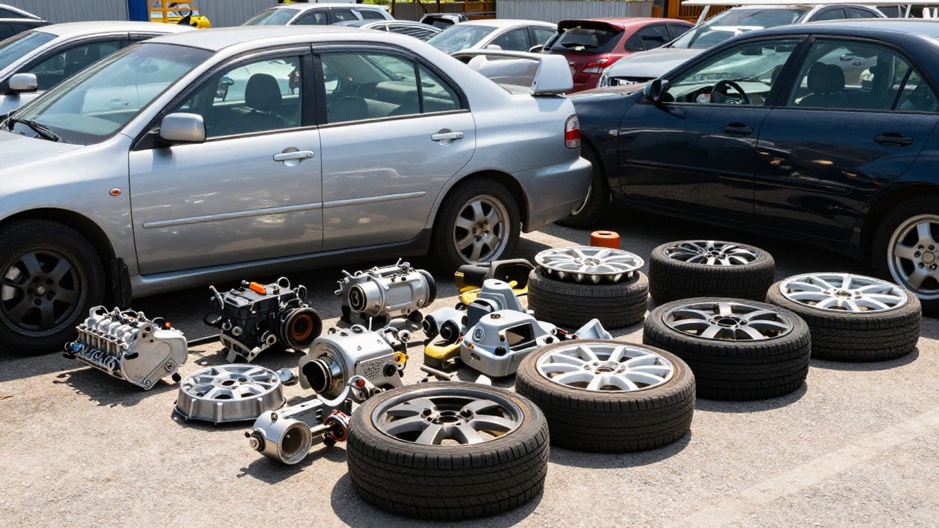 Subaru car parts in a salvage yard.