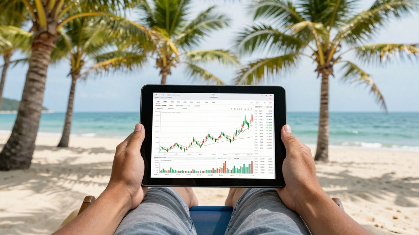 Pessoa relaxando na praia com gráficos financeiros no tablet.