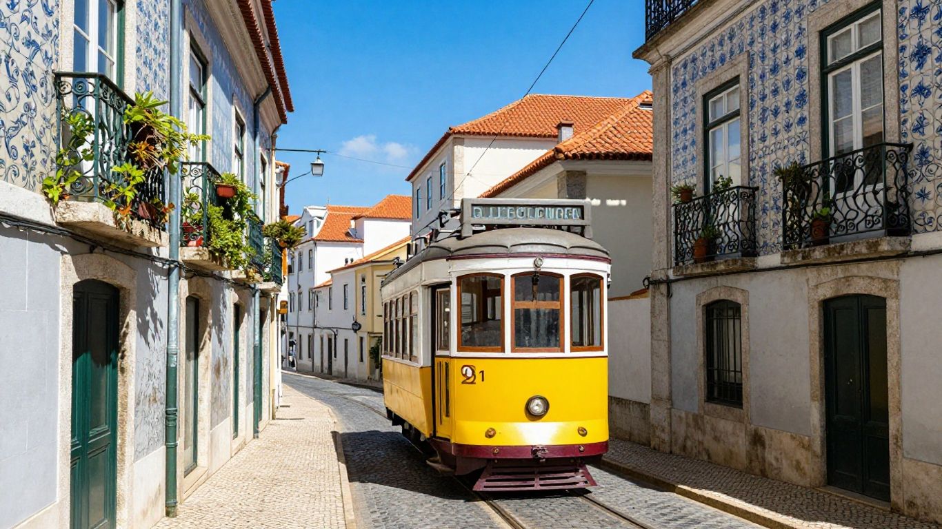 Lisbon's historic Tram 28 on a charming cobblestone street.
