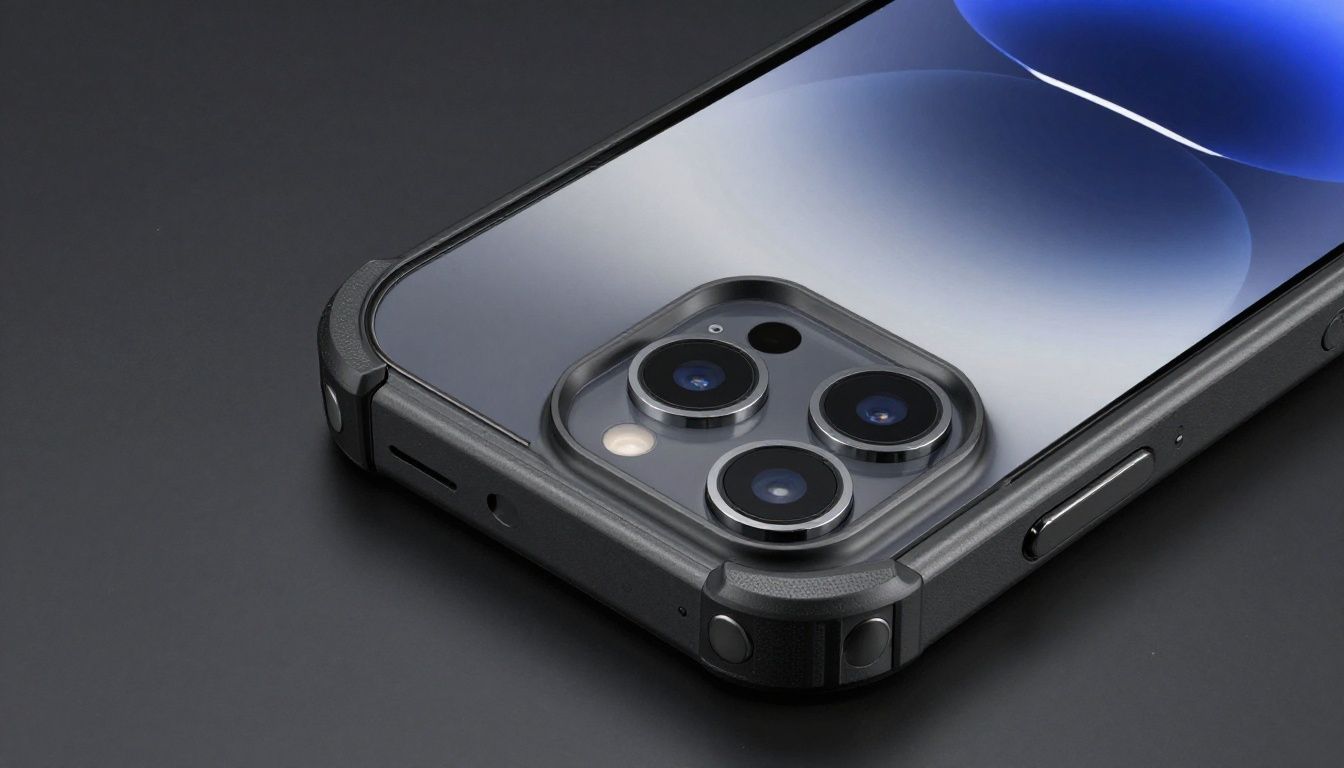 A close-up shot of an iPhone 14 Pro Max in a rugged, heavy-duty case, showing the reinforced corners and raised bezel around the camera lens.
