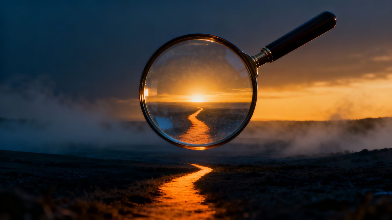 Magnifying glass finding a path in an unexplored landscape.