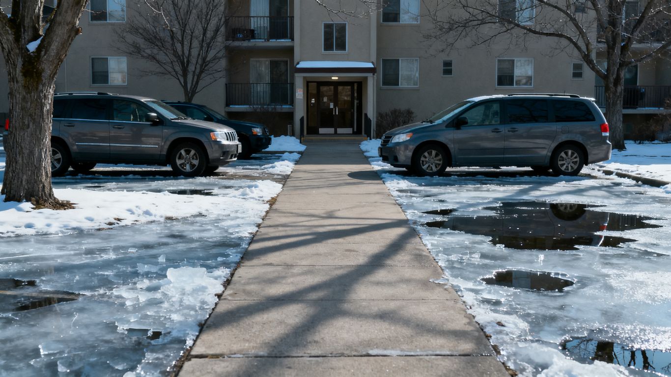 Snowy parking lot and apartment walkway in Marietta