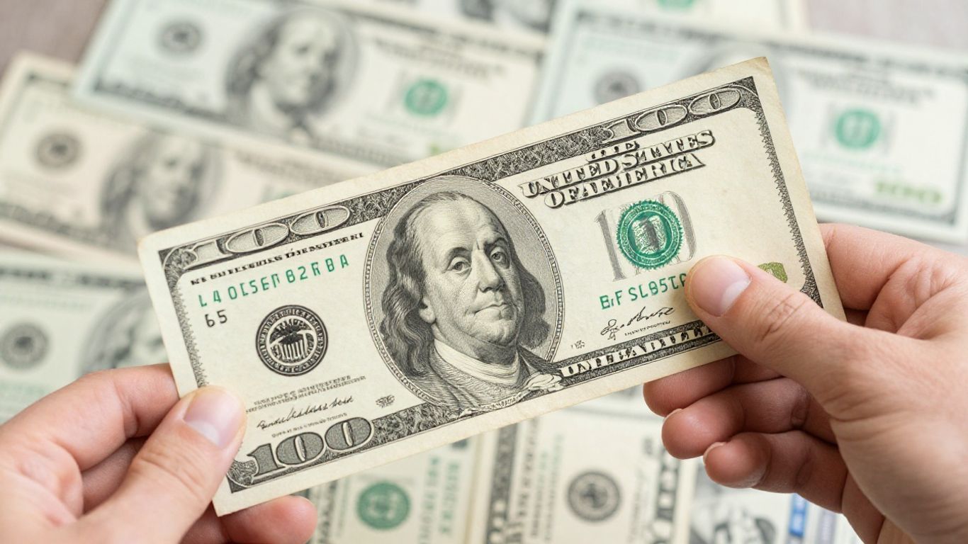 Hand holding dollar bill with investment options blurred background.