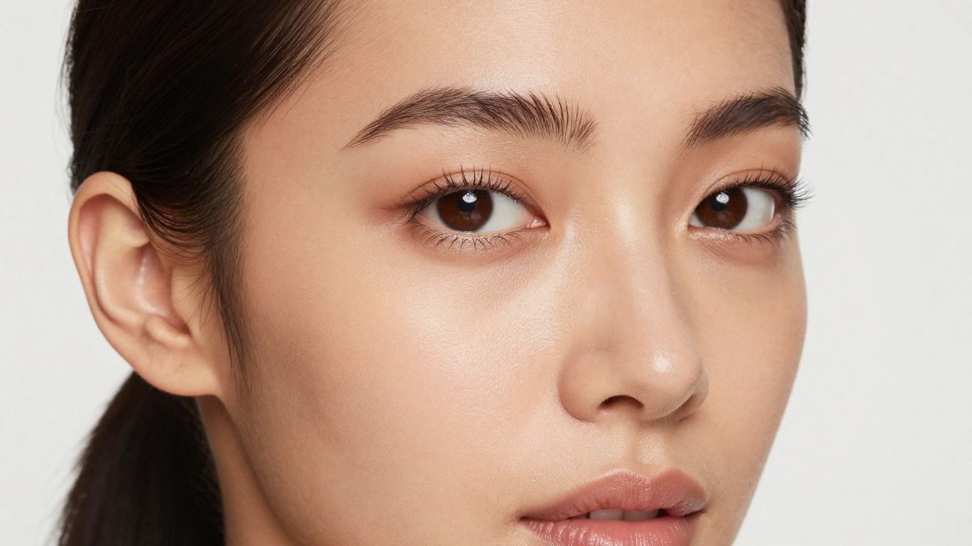 Mixed race woman with glowing skin and natural makeup.