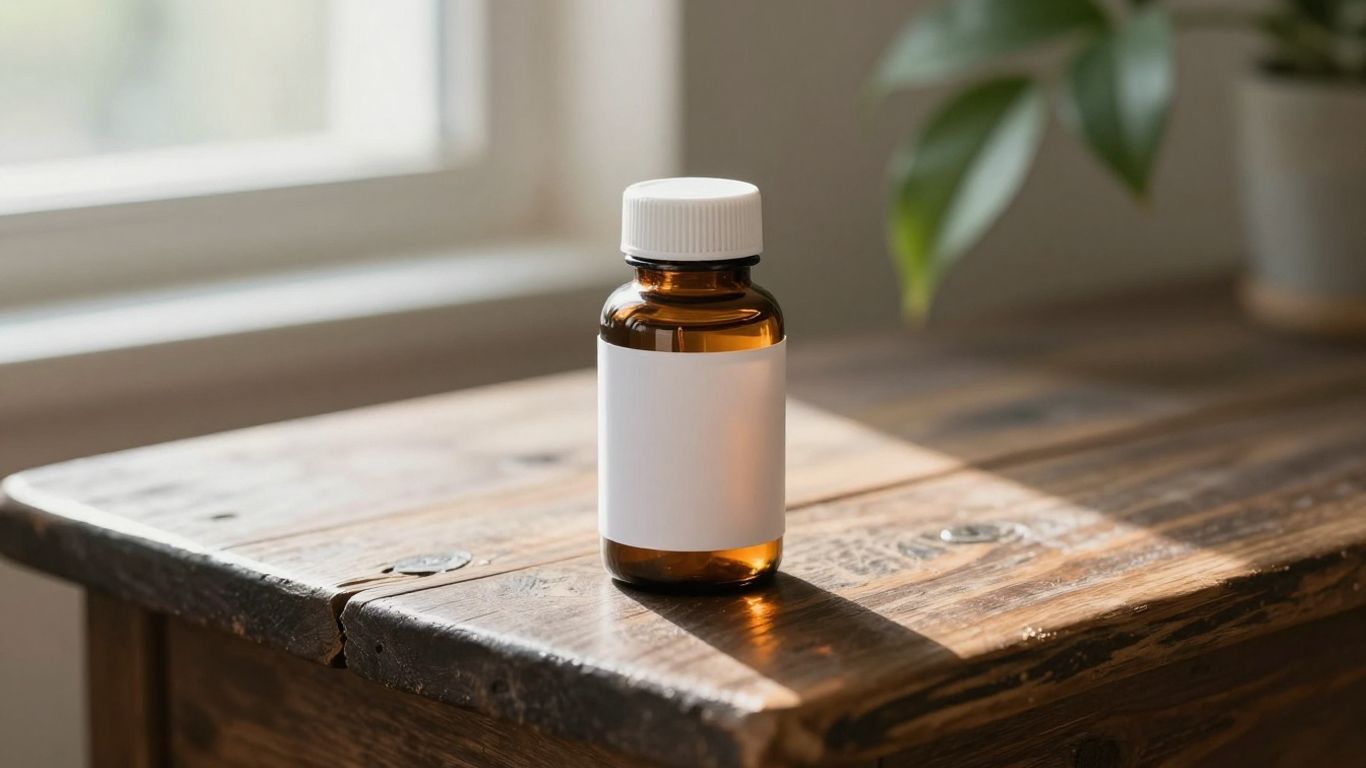 An elegant bottle of supplements on a wooden table