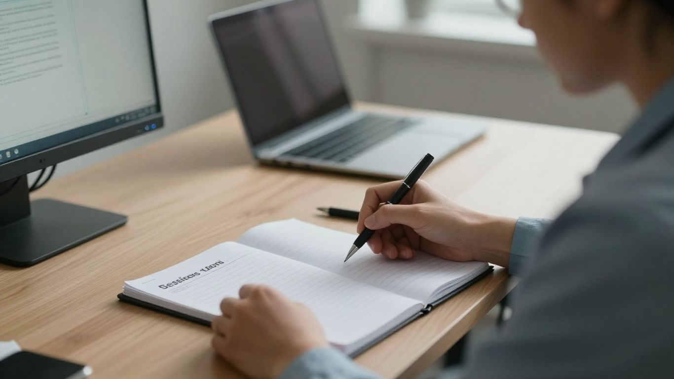 Therapist reviewing a group session note at a desk