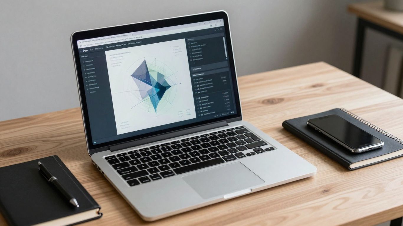 Desk with laptop, smartphone, notebook, and pen.