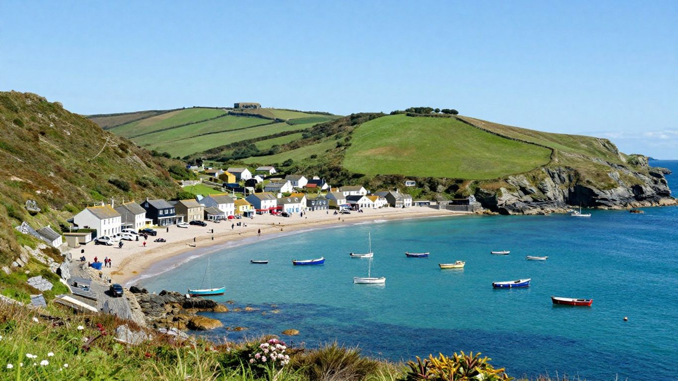 Cornish coastline with village and sea