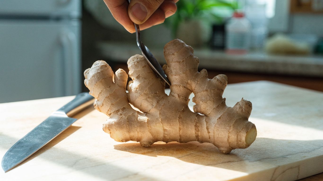 A spoon scraping ginger skin beside a cutting board