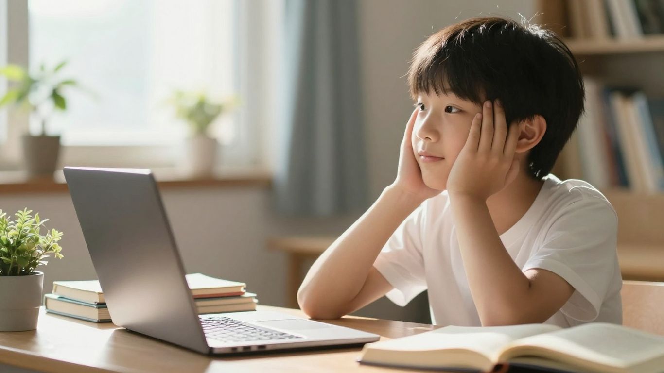 Estudiante joven con laptop y libros, luz solar.