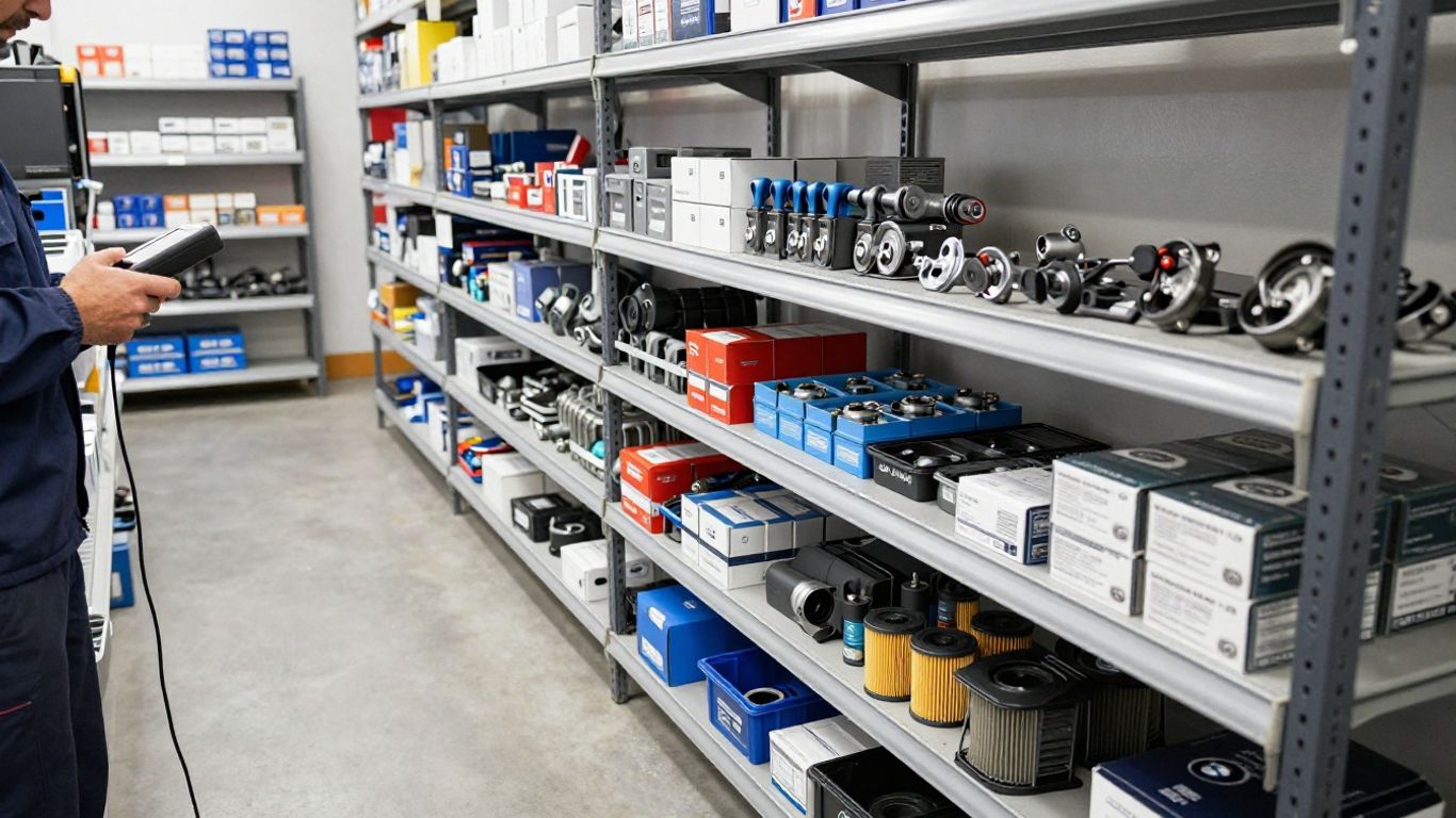 Organized BMW repair parts inventory shelves