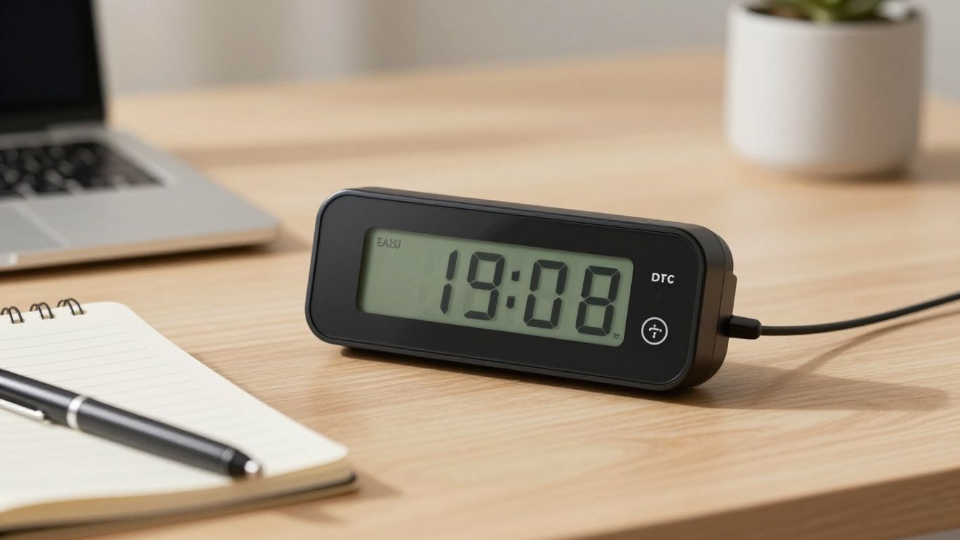 Digital focus timer on a desk, promoting productivity.