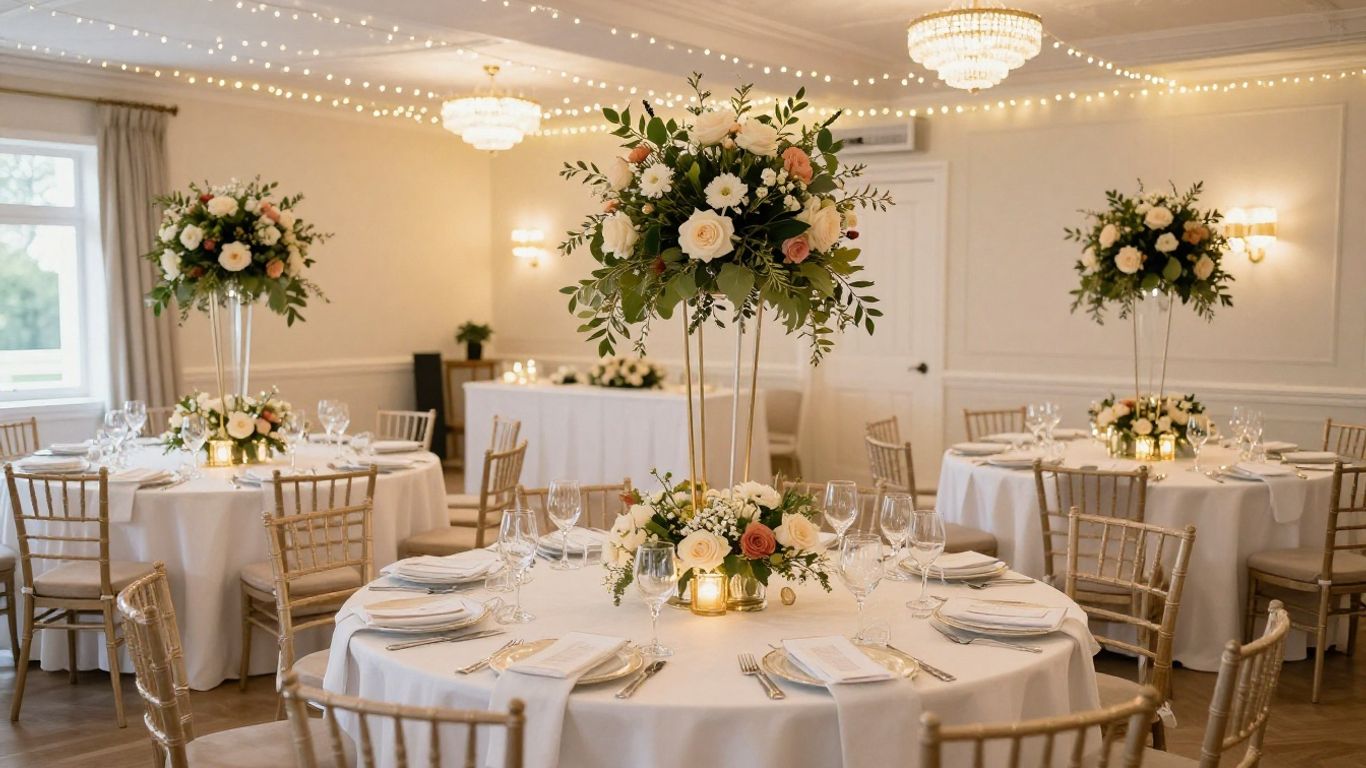 Elegant predecorated venue with flowers and string lights