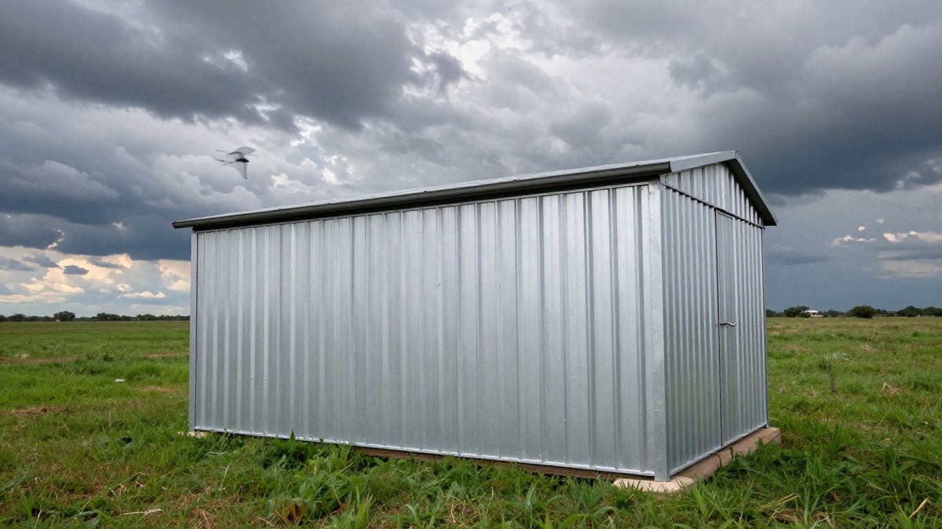 Metal storage shed in North Texas during windy weather.