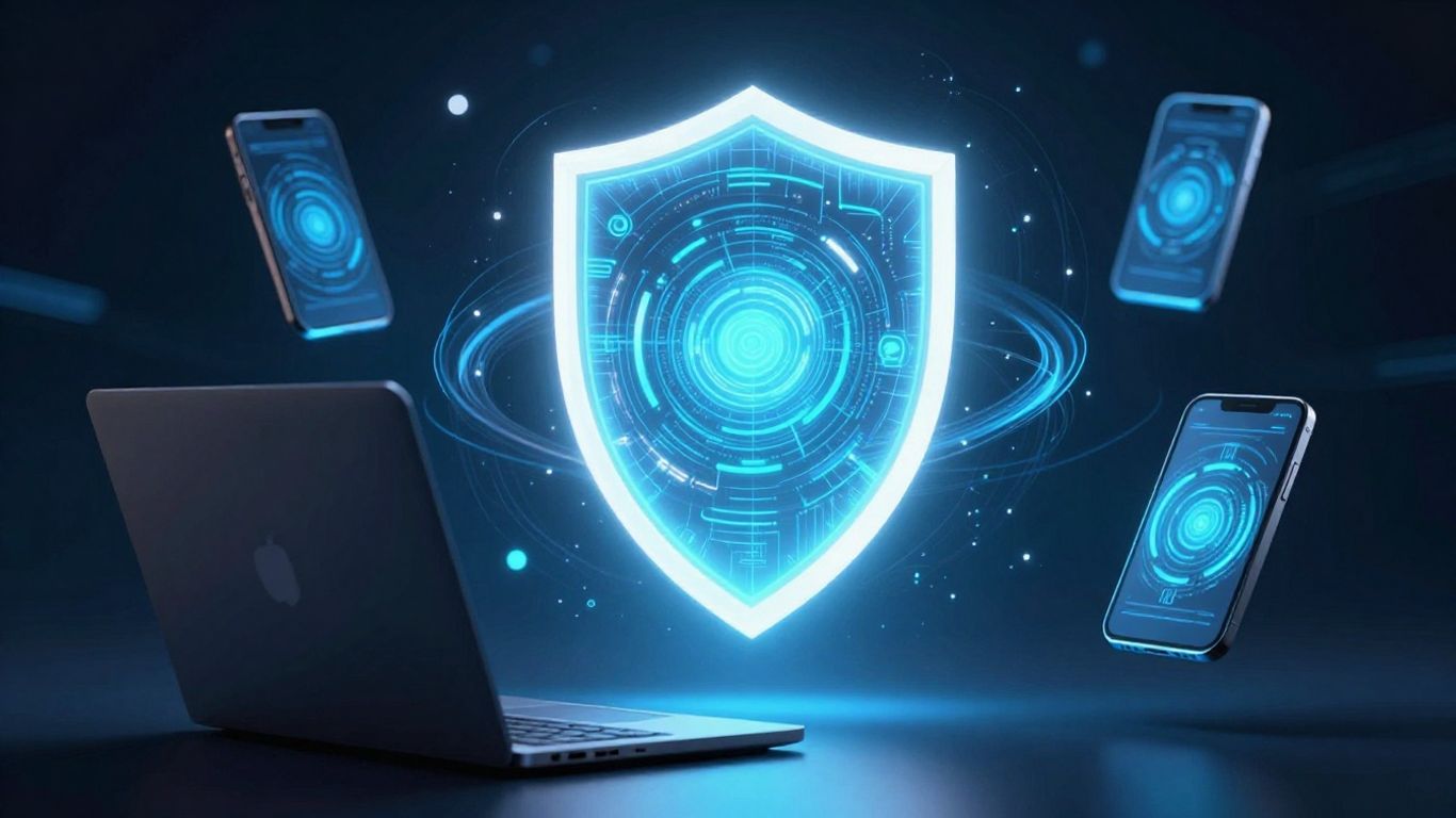 Escudo digital protegendo um laptop e um celular.