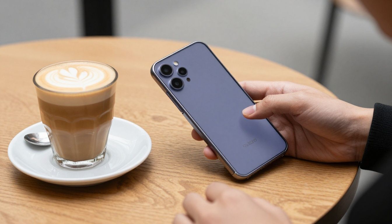 A person in a modern Australian cafe placing their Galaxy S26 Ultra in a slim, stylish case onto a wooden table next to a flat white coffee.