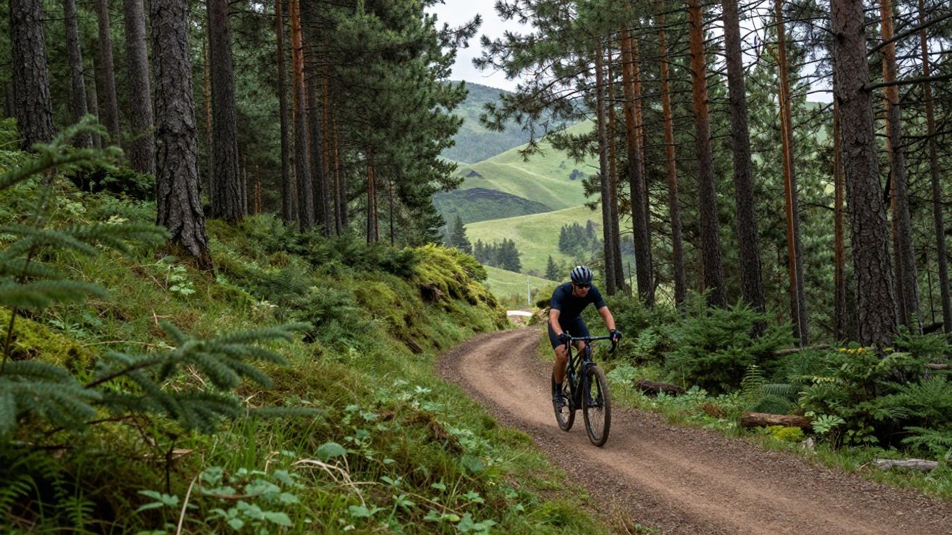 A cyclist explores a scenic forest trail