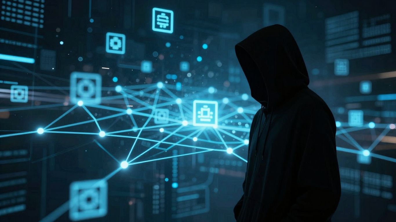 Anonymous figure and glowing blockchain network.