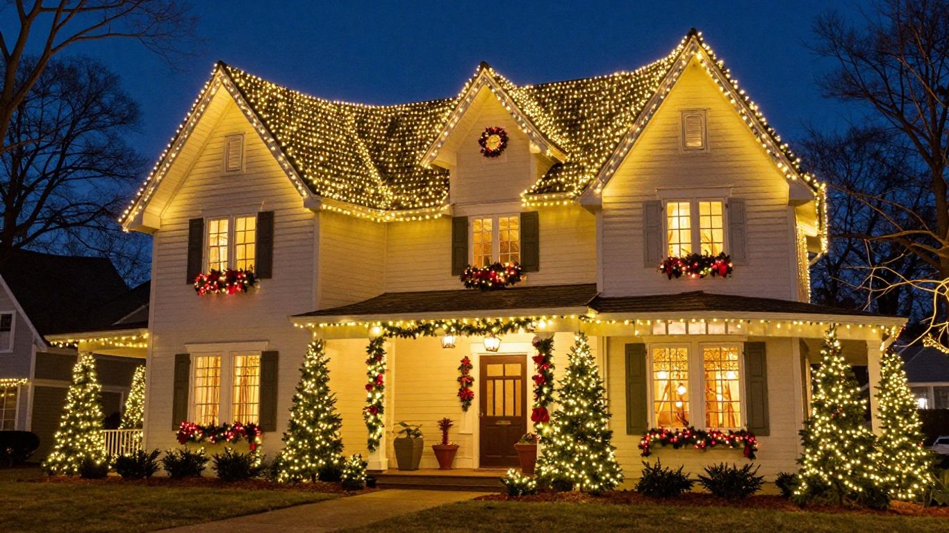 Professionally installed Christmas lights on a Godfrey home.