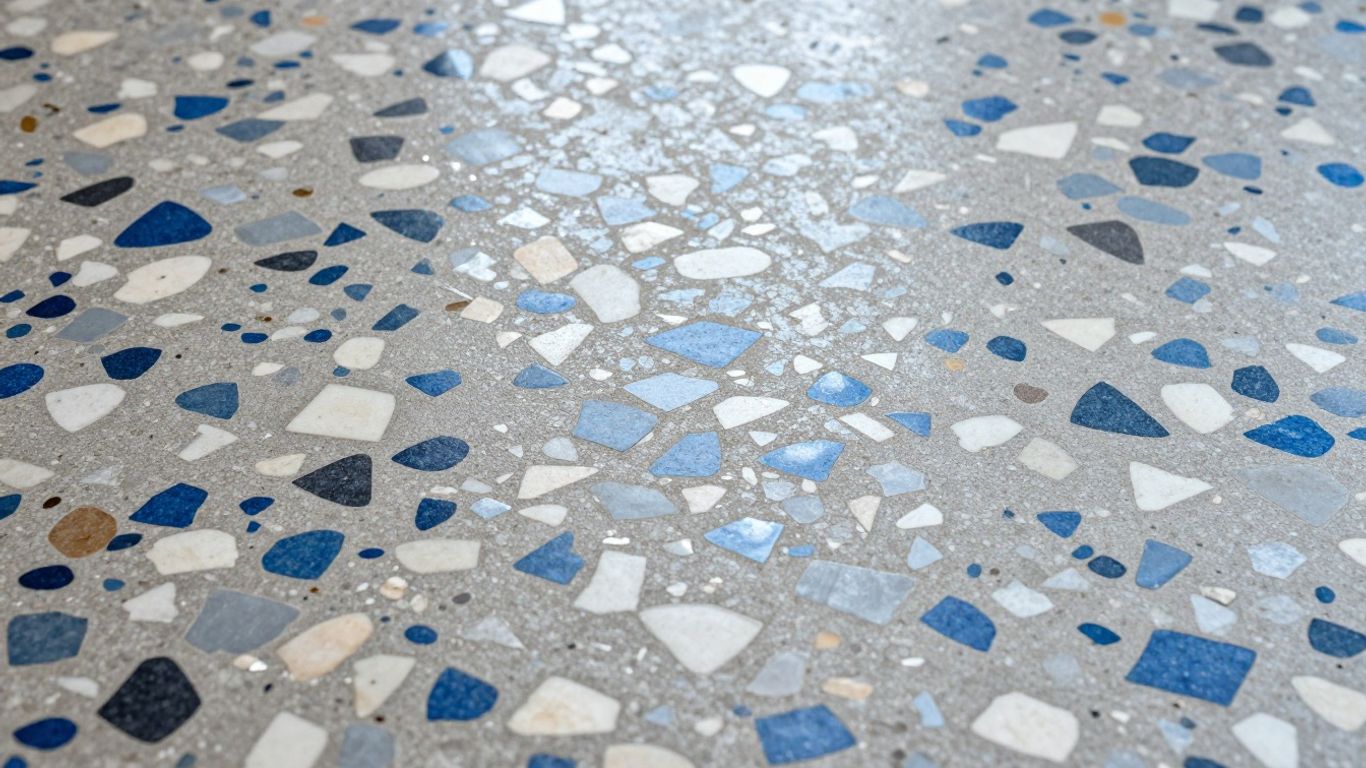 Close-up of a polished terrazzo floor with colorful chips.