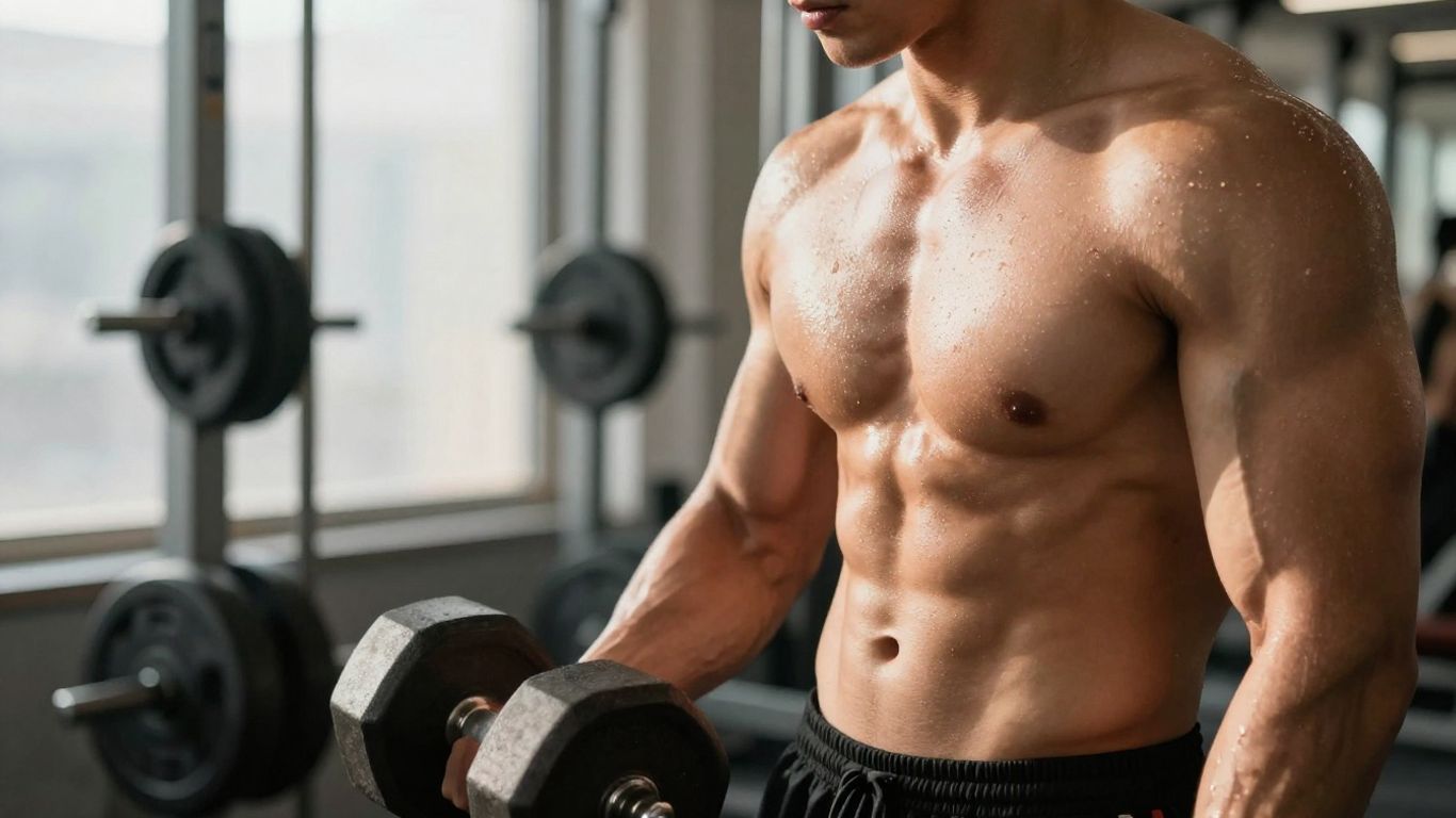 Muscular man flexing in a gym