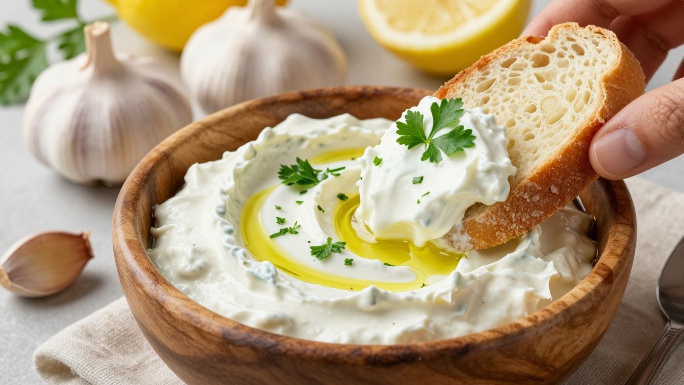 Creamy skordalia dip with olive oil and parsley.