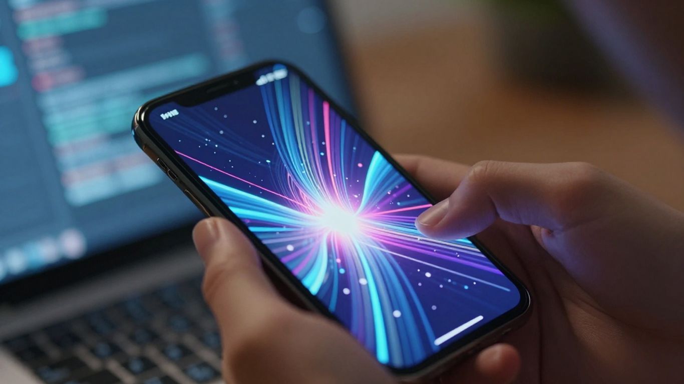 Hands holding smartphone with digital landscape on screen.