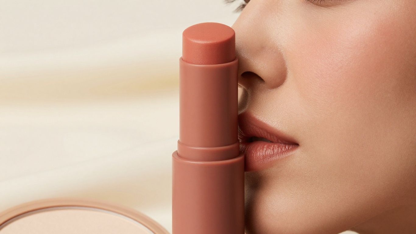 Matte sunscreen stick beside a softly made-up face