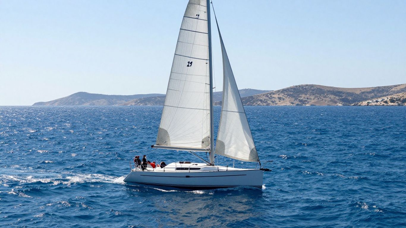 Sailboat on Aegean Sea near Greek islands
