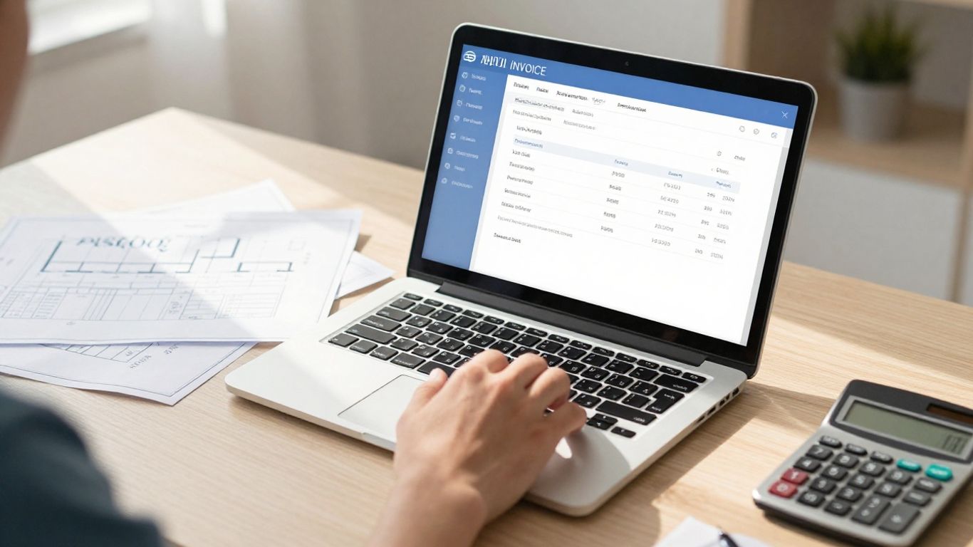 Contractor managing invoices on a laptop.