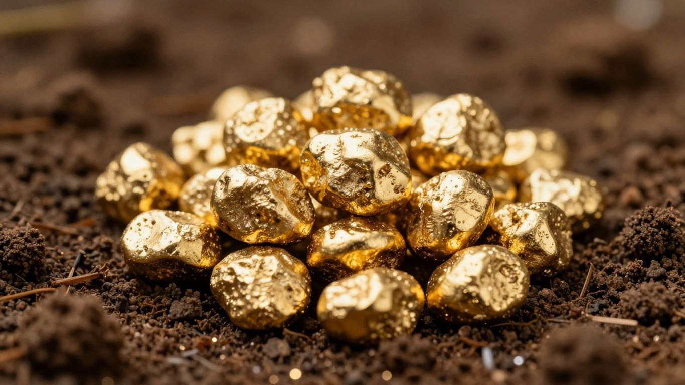 Nuggets d'or brillants sur un sol sombre.