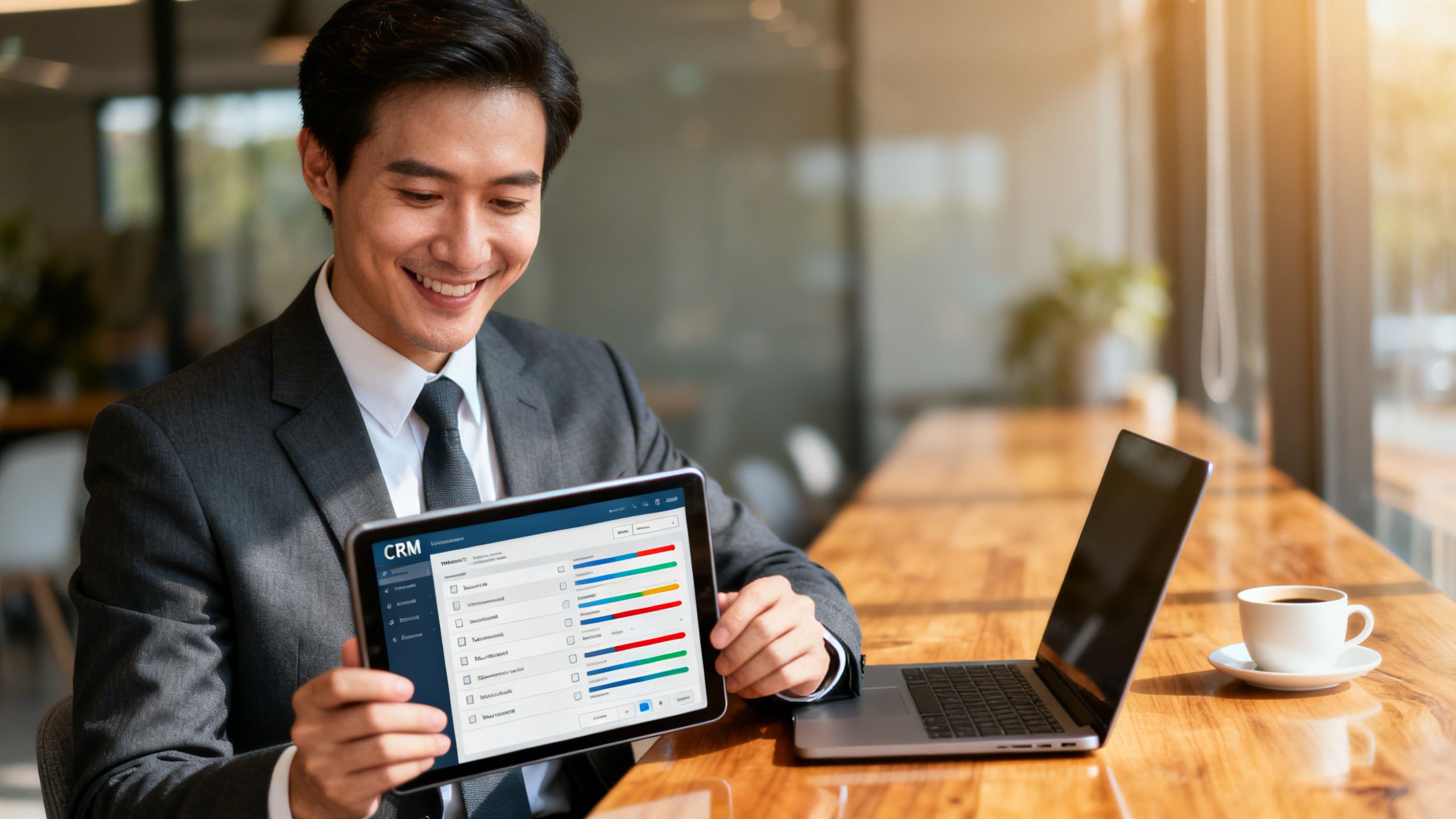 A business professional smiling while looking at a tablet, representing efficient task management with a CRM