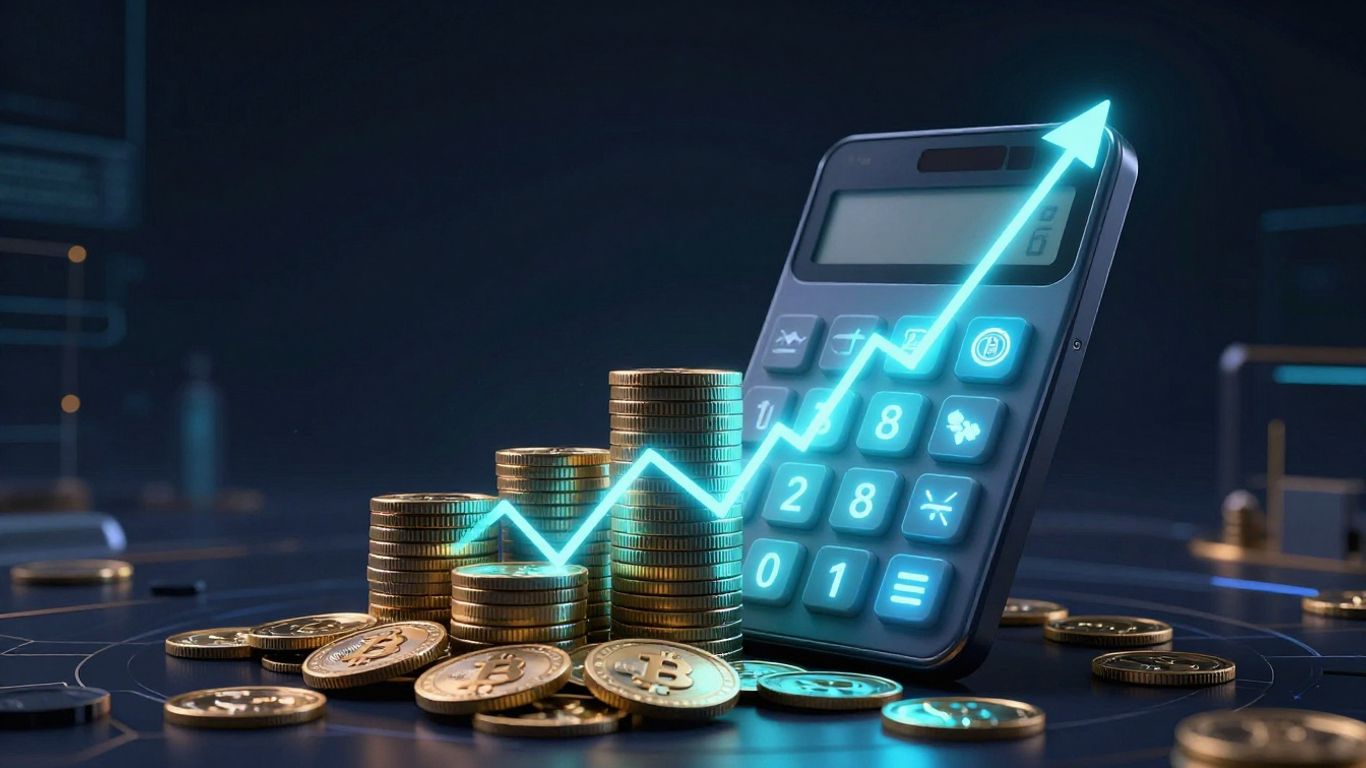 Digital calculator with crypto icons and stacked coins.