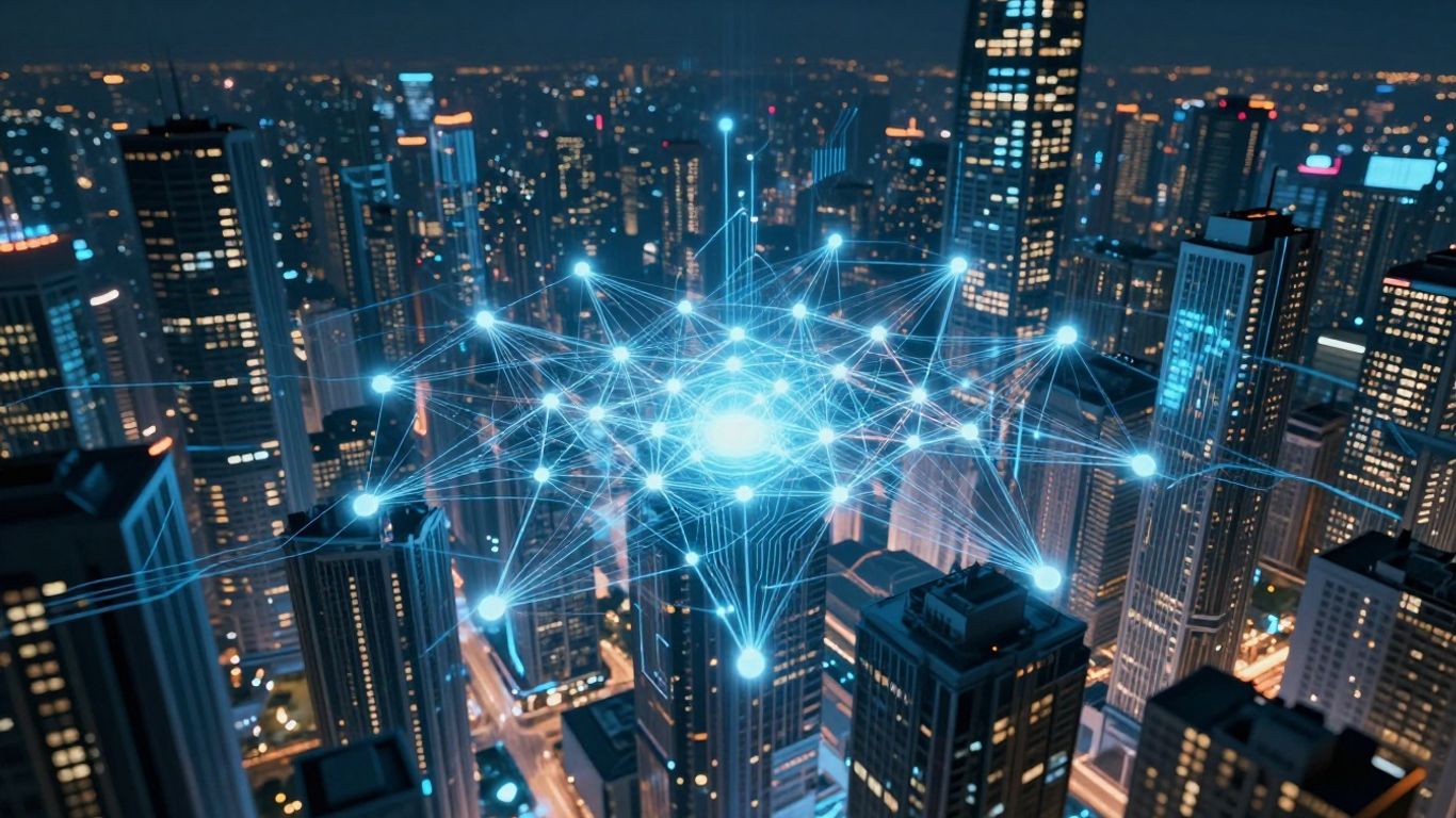 Digital network overlaying a futuristic cityscape.