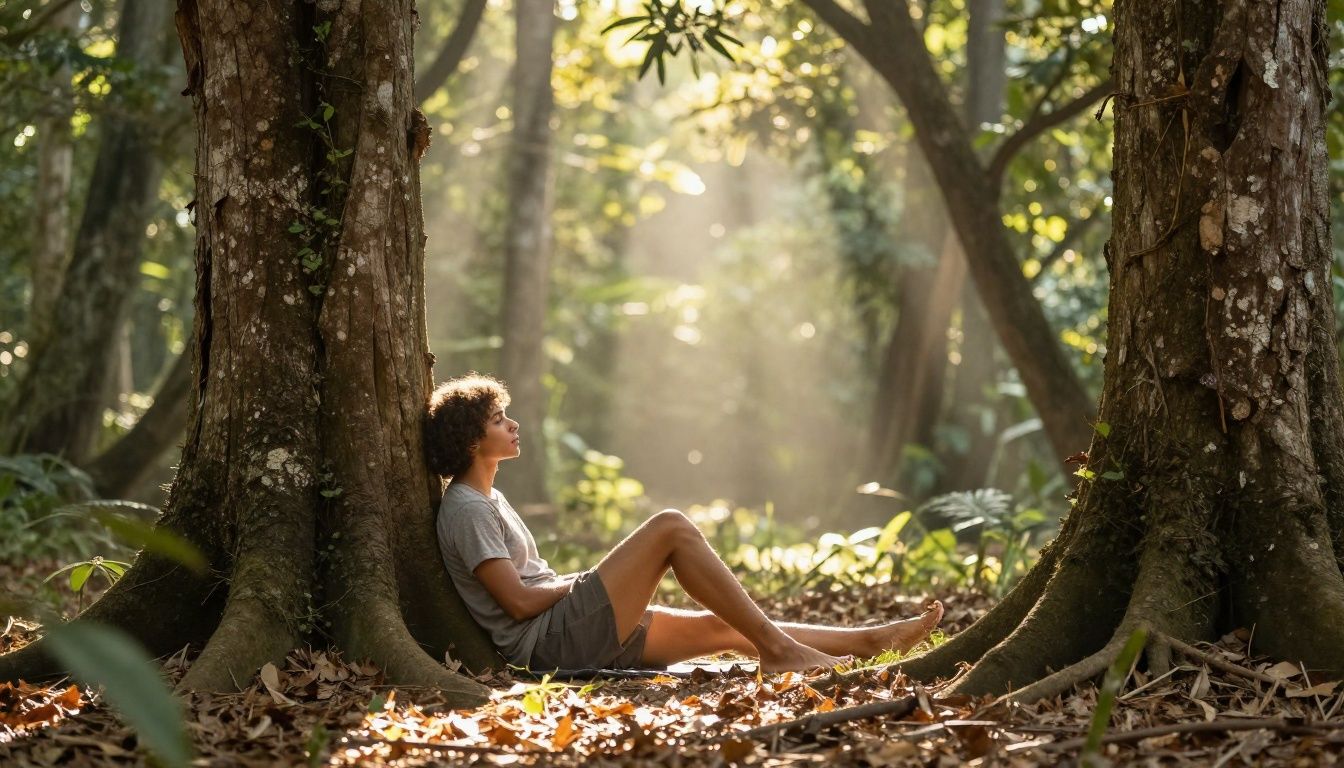 Uma pessoa relaxando em um refúgio natural sereno cercado por luz suave e natureza, simbolizando tranquilidade e cuidado pessoal