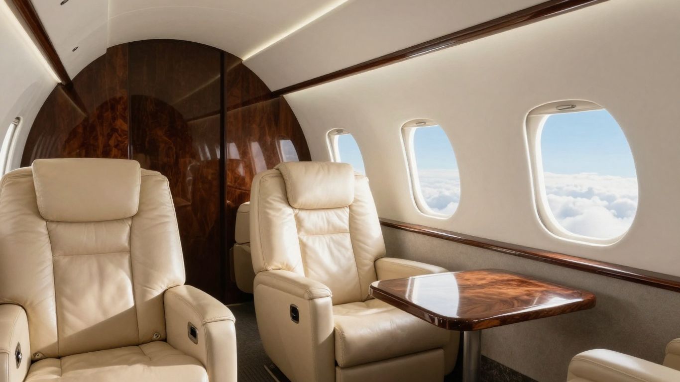 Luxurious private jet interior with leather seats and sky view.