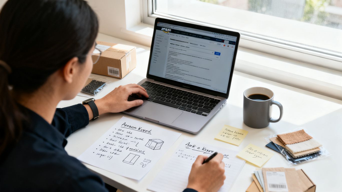 Shopper researching Amazon keywords beside product notes