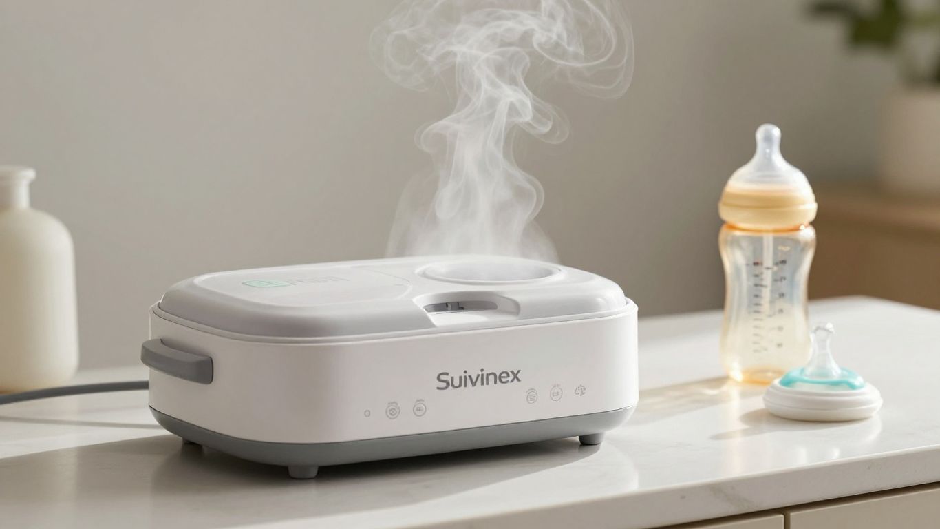 Esterilizador Suavinex con biberón y chupete.