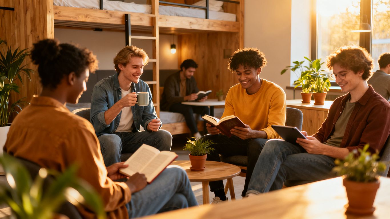 Hostel residents navigating daily routines in communal settings