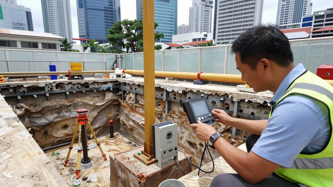 Technical team inspecting excavation monitoring equipment