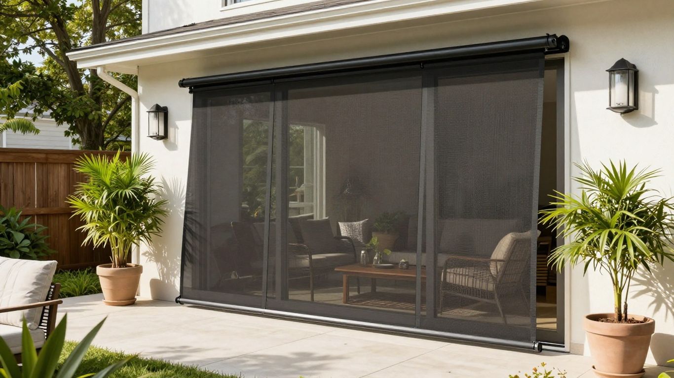 Motorized retractable screen on a North Jersey home patio.