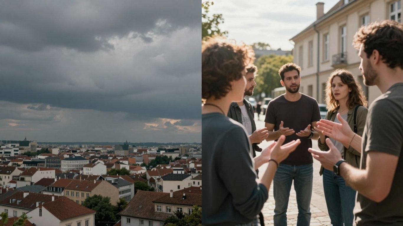 European cityscape transitioning to people talking casually.
