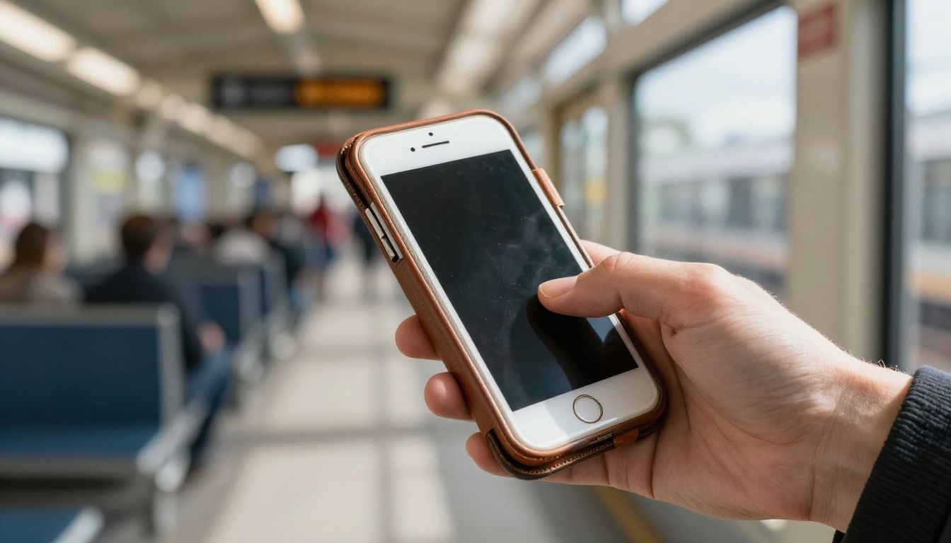 A person's hand holding an iPhone 15 in a leather wallet case, tapping it on a public transport card reader in a sunlit Australian train station.