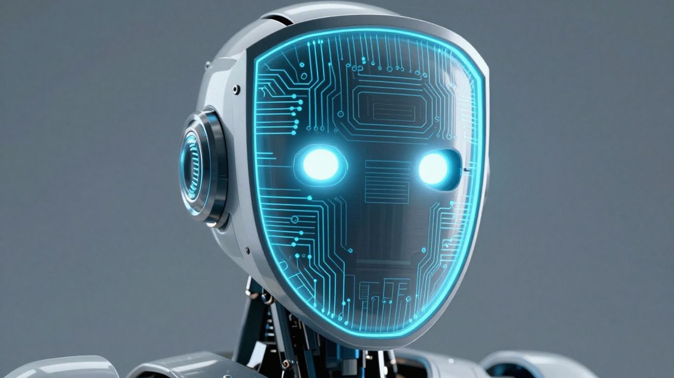 Android security shield protecting robot head, advanced protection.