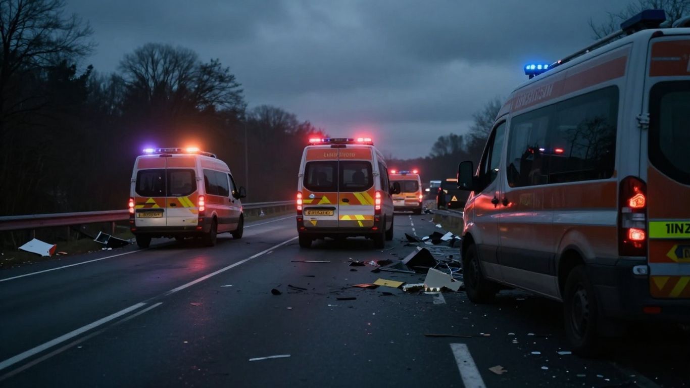 Ongeval in Limburg met hulpdiensten en brokstukken op de weg.